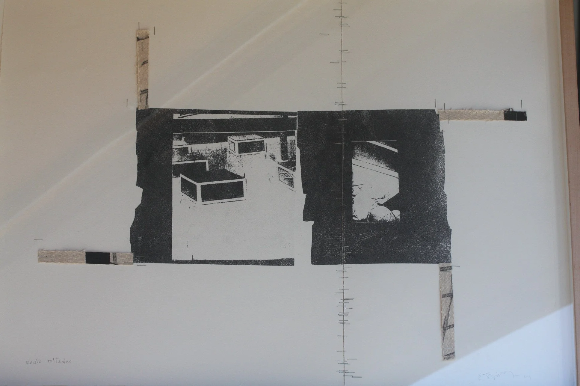  Fax film, photocopy, acrylic on canvas, staples on Fabriano paper       