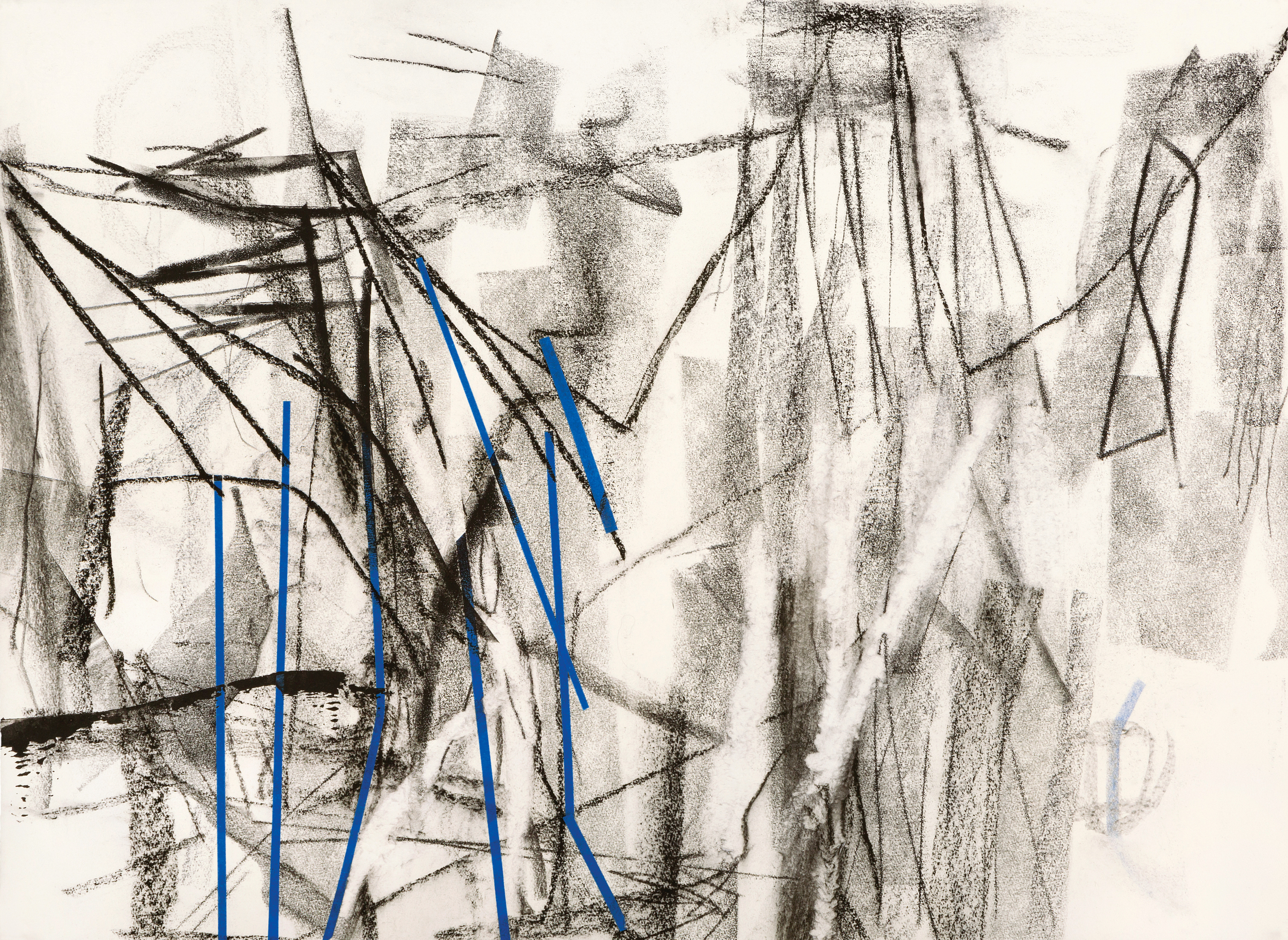   Untitled (rd.13.8), 2013 block prining ink, charcoal, blue tape, colored pencil on paper 22 1/2 x 31 inches   