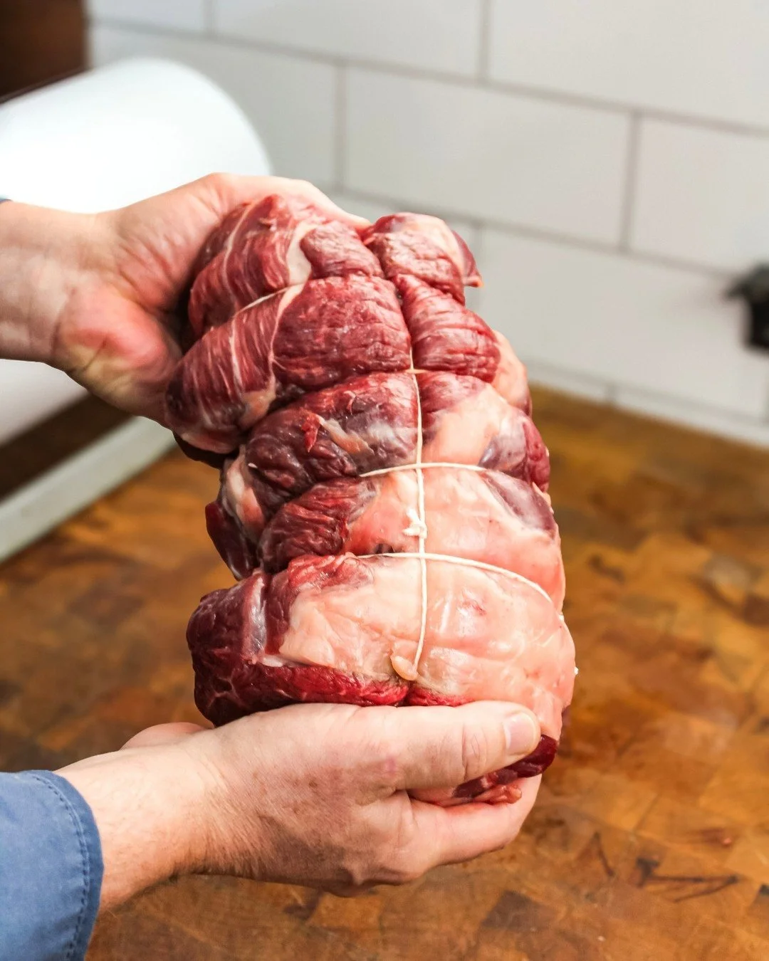 Our boneless leg of lamb - all tied up and ready to roast. 

We only use domestic raised lamb which has been grass fed and pasture raised as well as humanely raised. The breed of lamb we use is a Suffolk and Dorset cross breed - both English heritage