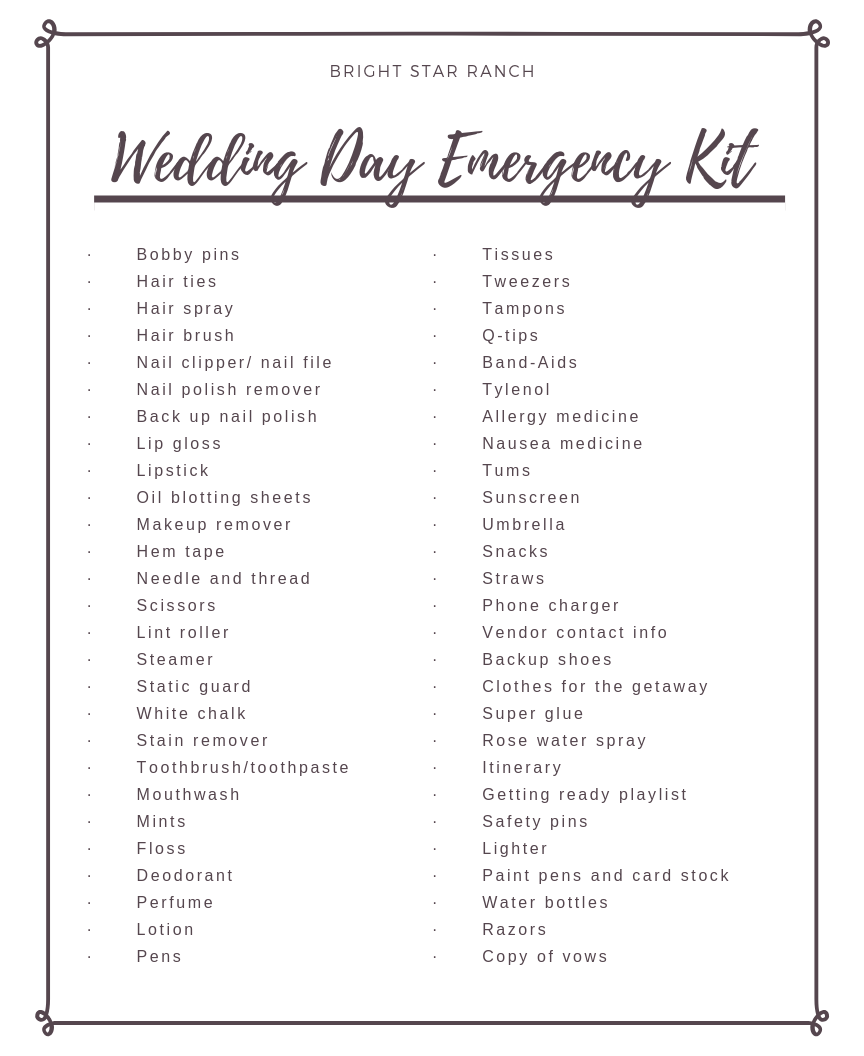 Wedding Day Emergency Kit List: — Bright Star Ranch & Resort