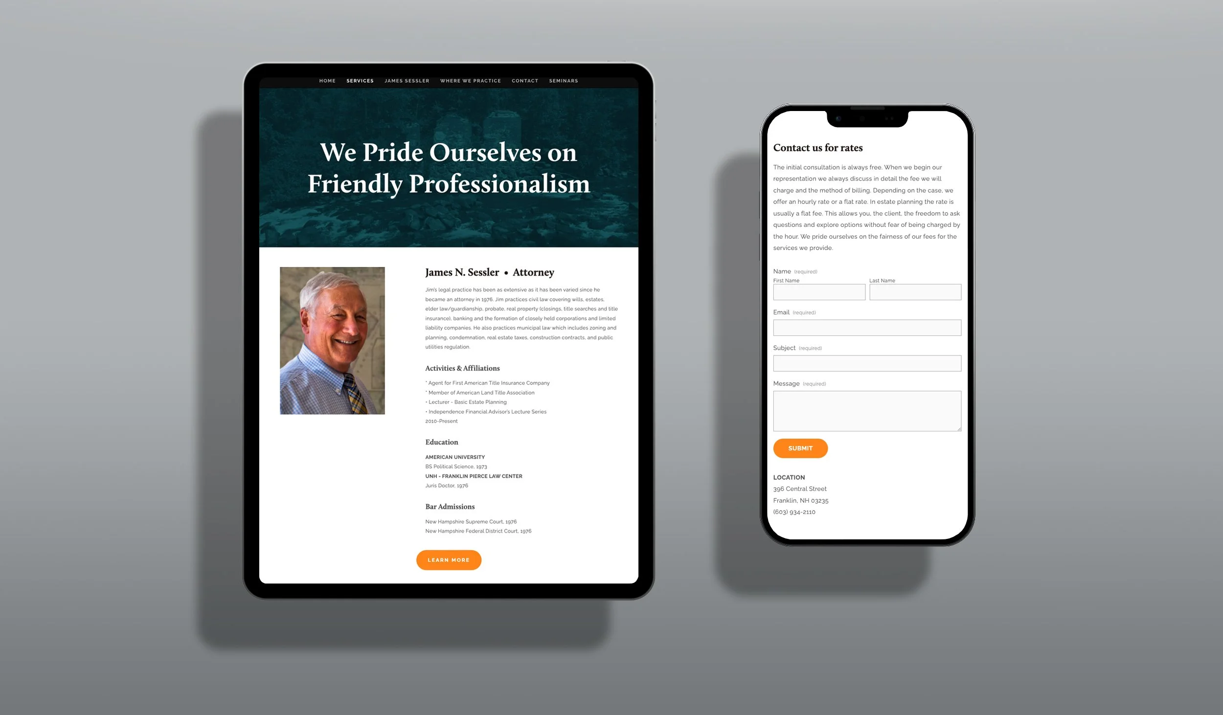  Our work for Sessler Law Office was centered around three ideas. Developing a logo that tied into the region and James Sessler’s love for the outdoors. Capturing and incorporating the local beauty of Franklin, NH into the website and business cards 