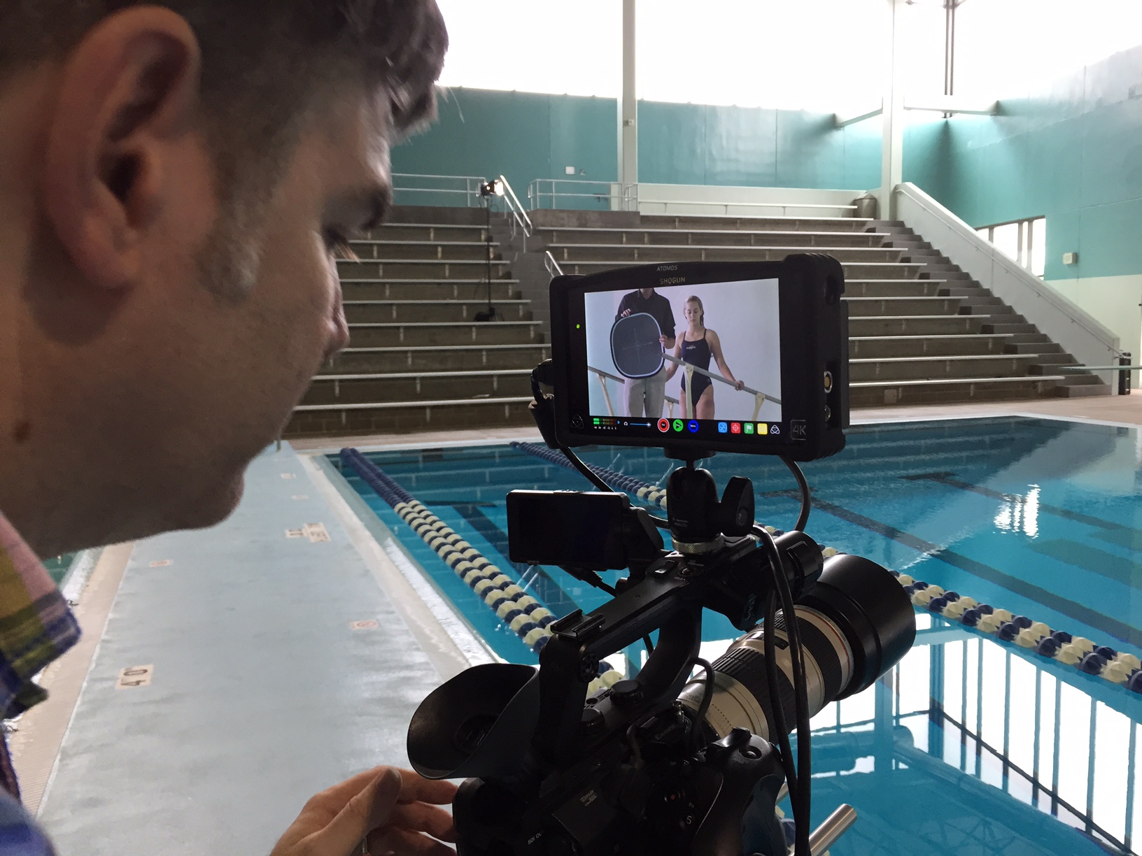 Senior DP Todd Norris adjusting the white balance while our diver/actress awaits her next action