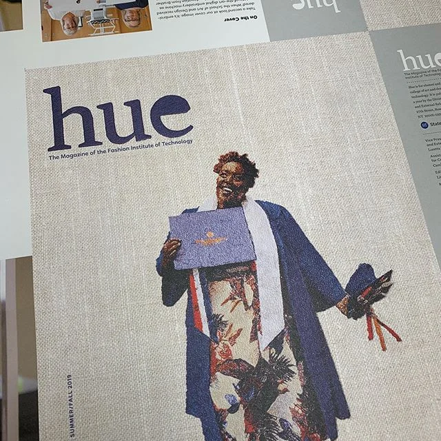 FIT&rsquo;s Hue Magazine Summer/Fall features an embroidered cover. 29 colors, 155,183 stitches, created on a machine donated to the school by Brother. #fitnyc #huemagazine #maarprinting #embroideryart #embroidery #uncoated #uncoatedpaper