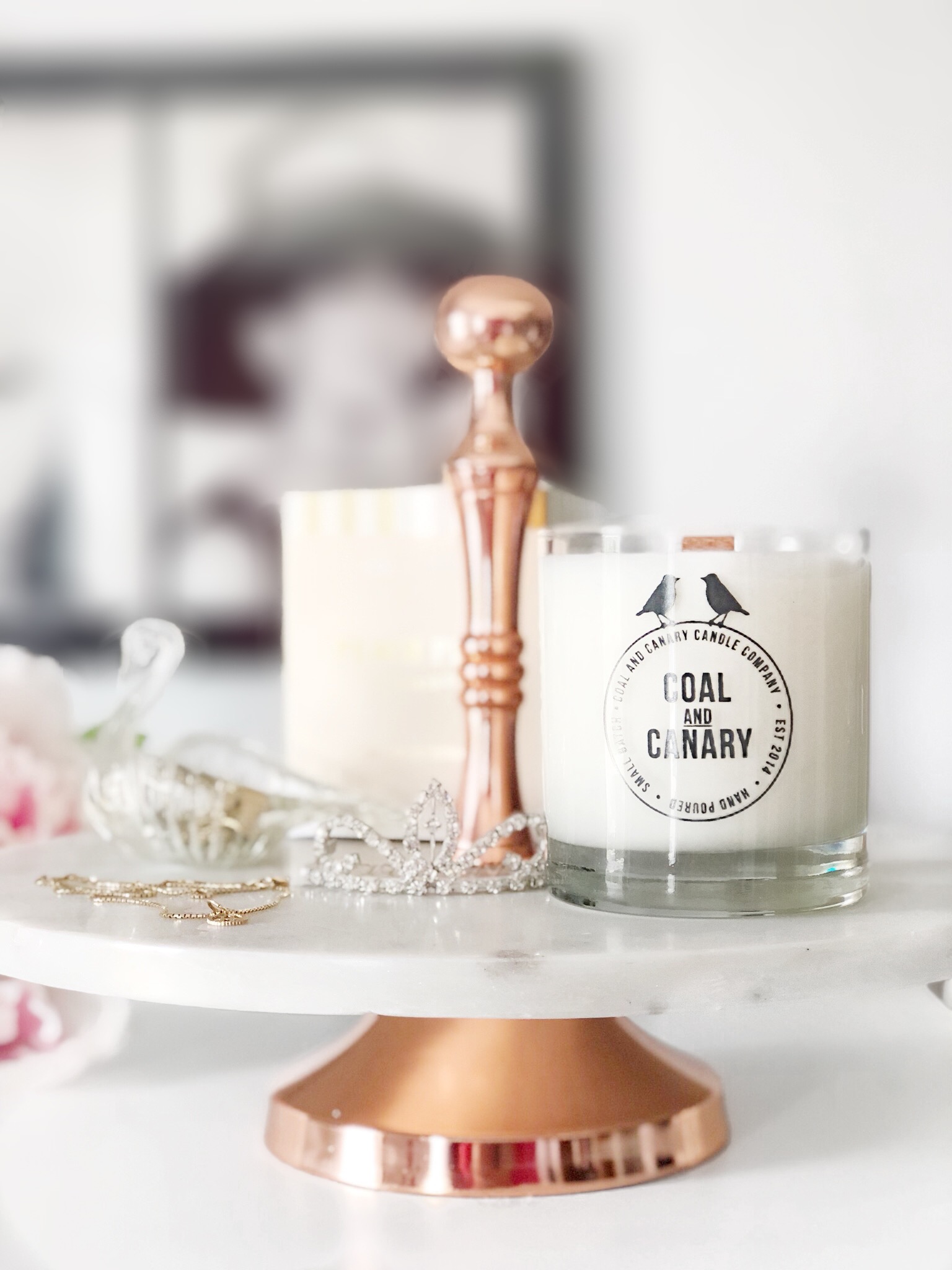 Marble &amp; Rose Gold Stand and Coal and Canary Candle