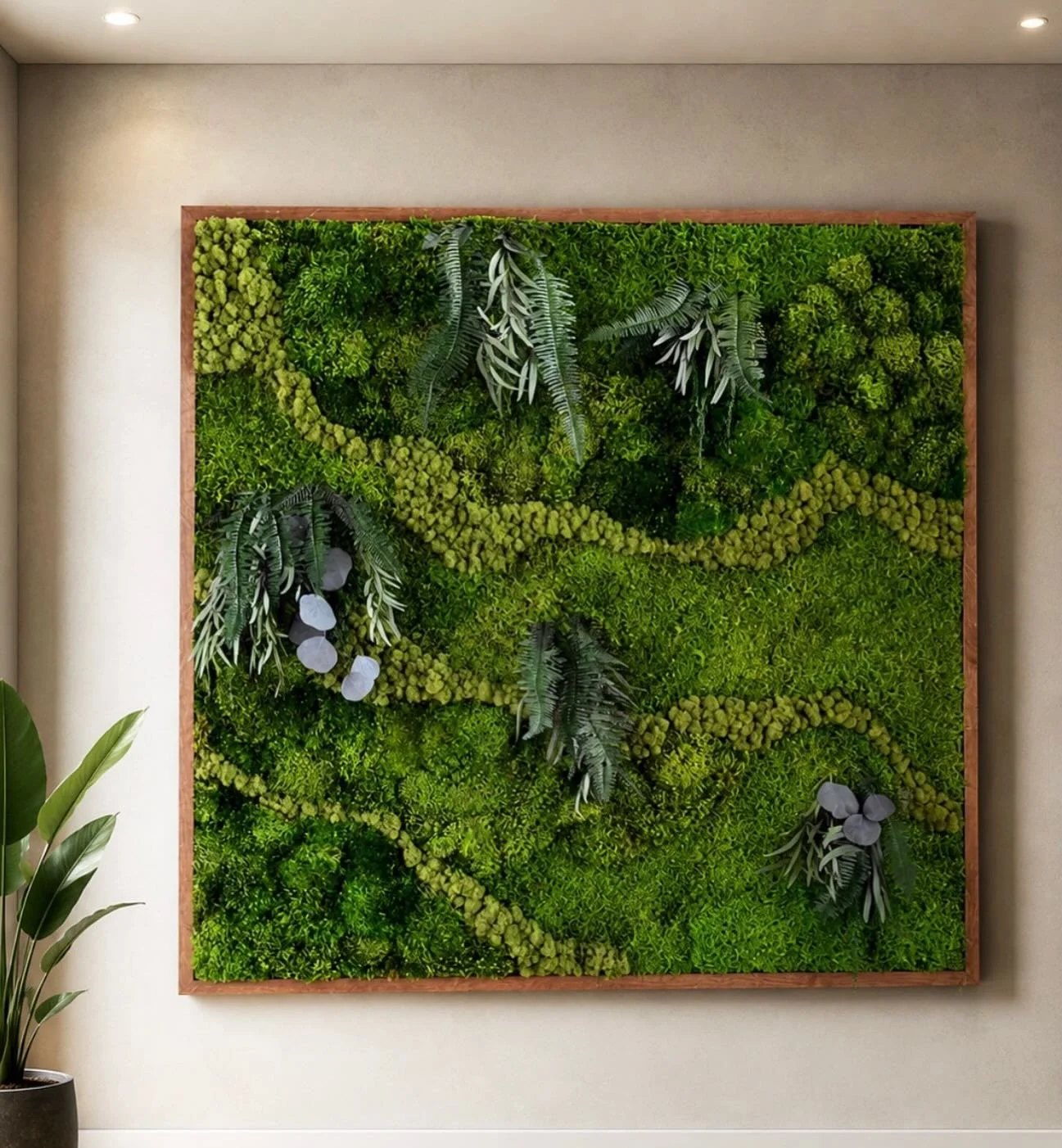 Bringing the outdoors in with rich texture, organic flow, and earthy tones.🌿

#interiordesign #biophilicdesign #mossart #natureisart #wallartdecor