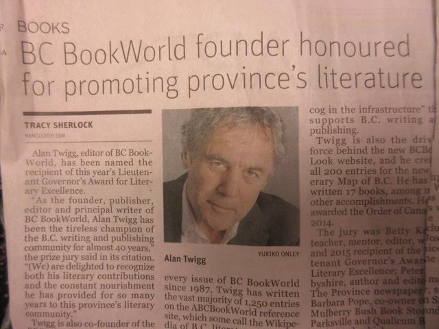 Alan Twigg honored Governor General's Award March 23, 2016 - The SUN Newspaper