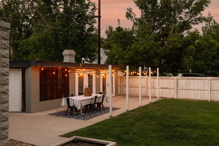 Backyard flex space at twilight
