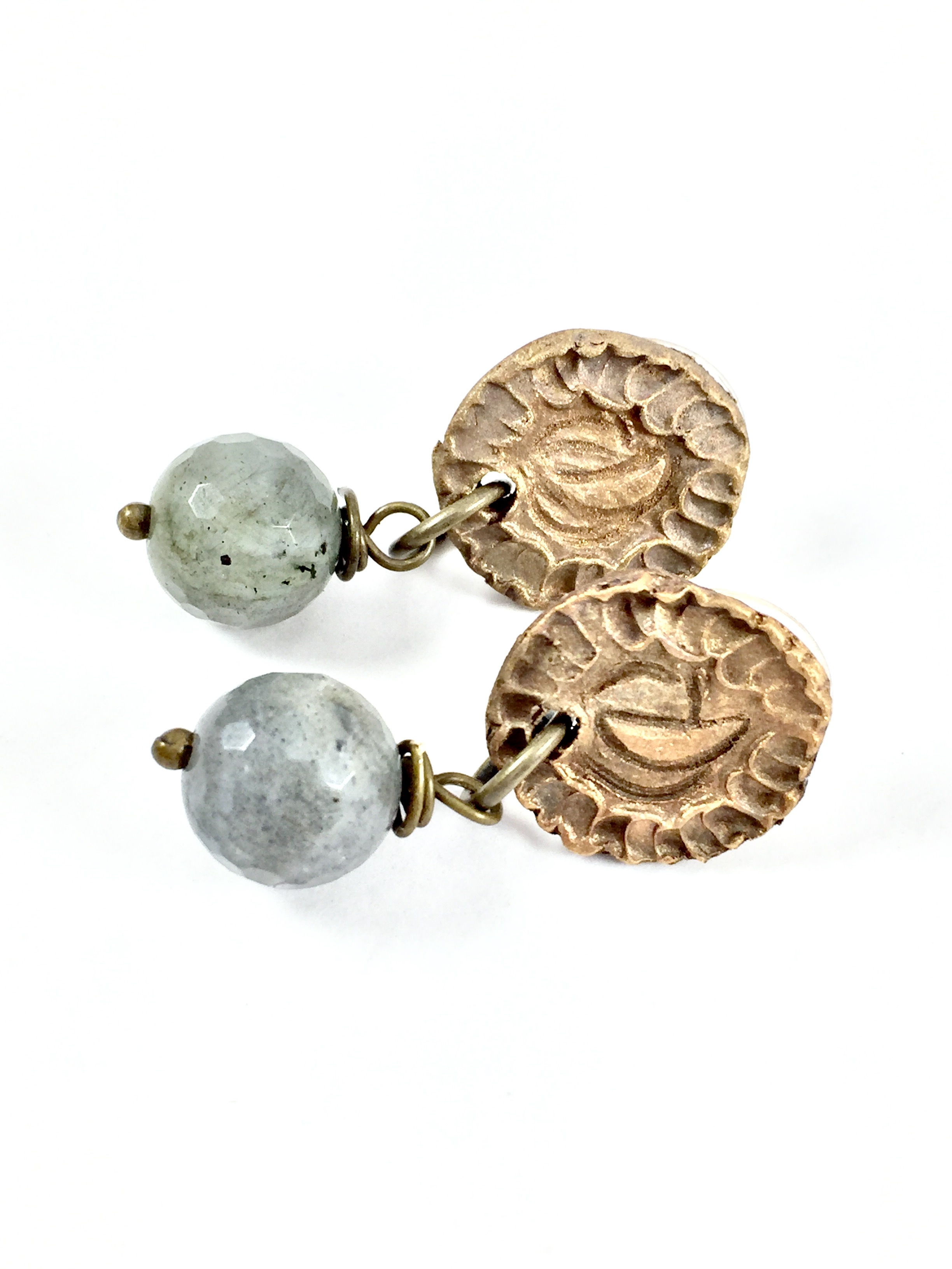 Labradorite drop earrings with bronze metal pendant.