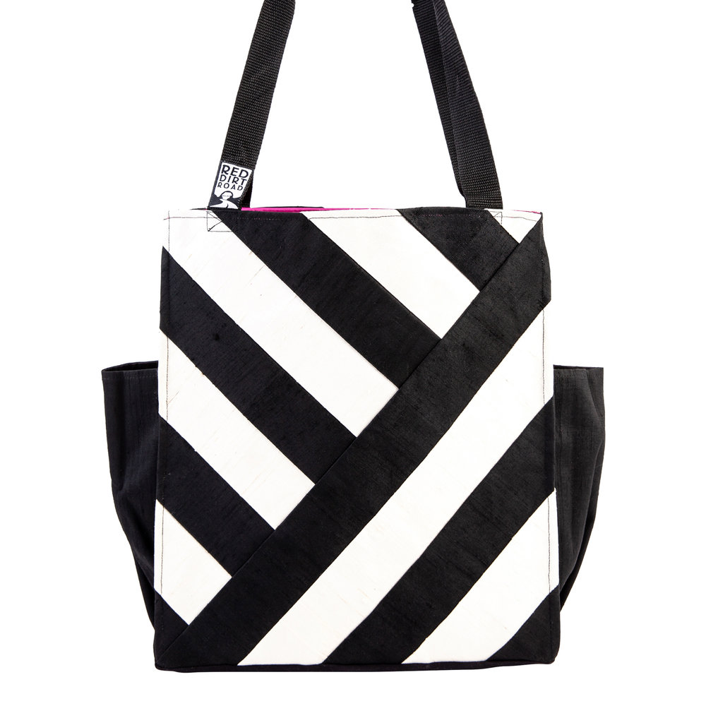 Day Tripper Tote in Black and White, Diagonal Stripes — RED DIRT ROAD