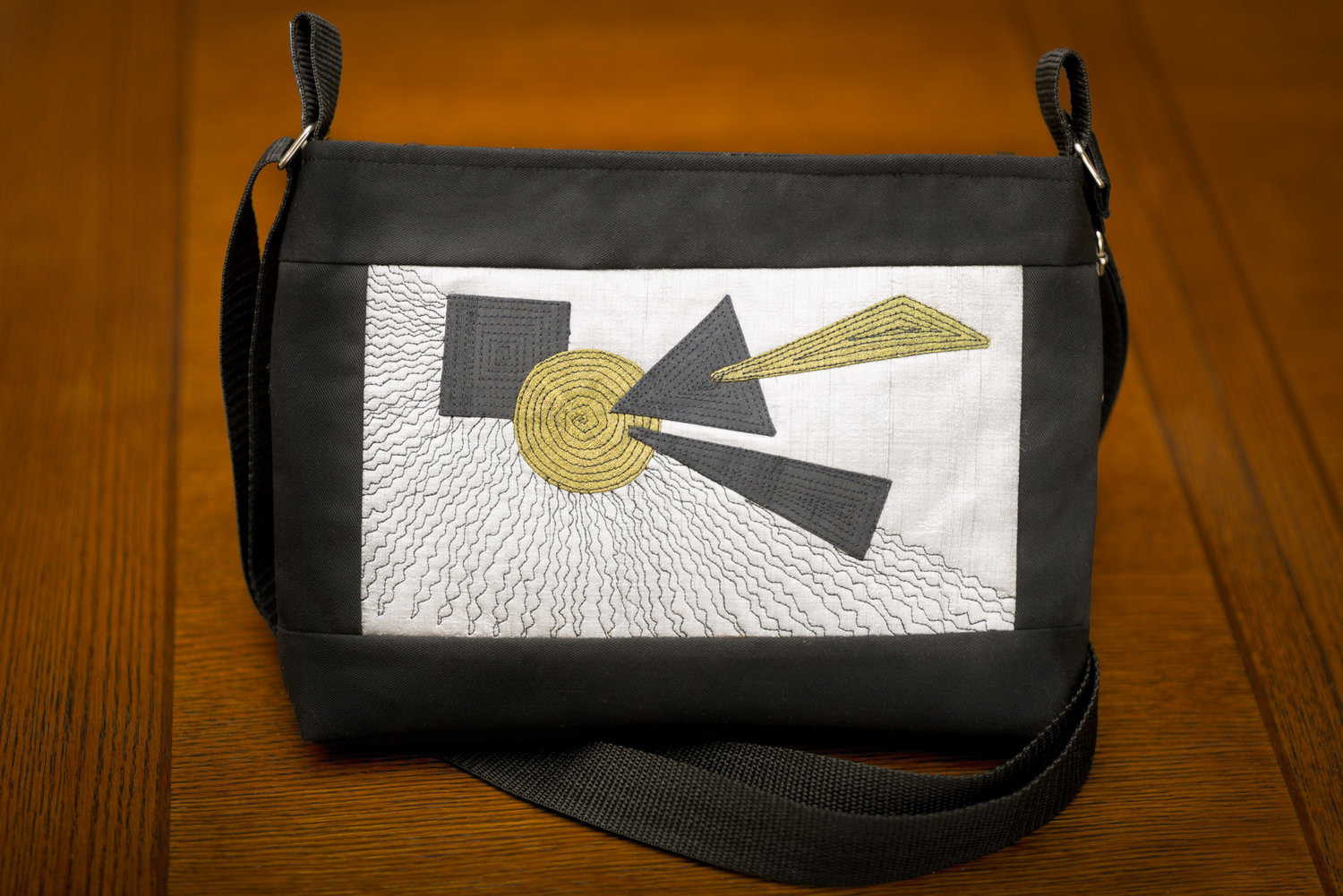Silk Art Bag in Geometric with Black and Moss Green on Silver