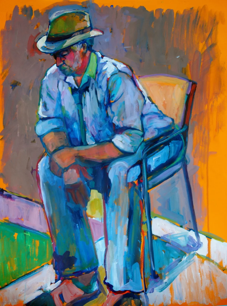 The model tonight was David. Since it’s daylight savings time, the light changes quite a bit in the studio while we are painting (we work from 6-9 pm). I started blocking in all of these intense hues as the sunlight streamed in during the beginning of the session, and as the sky grew darker, so did my painting. Not to put myself on the same level as Monet, but it made me realize (although I knew it already): I gotta paint the light. I think my evening figure paintings are suffering a bit because of this. It’s a good challenge to work through. 3-hour study. Acrylic on Canson paper.