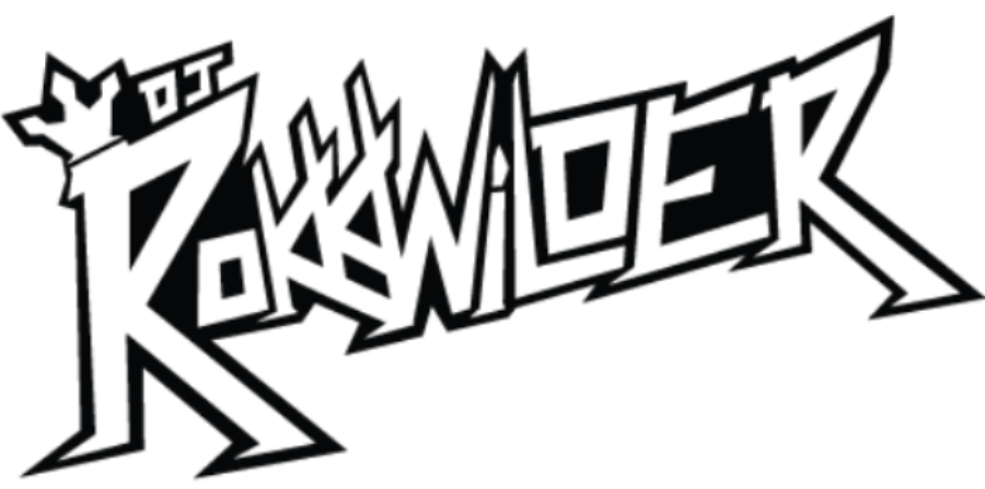 Stylized white text on black background reading 'DJ ROKKWIDDER' with jagged and spiky font.