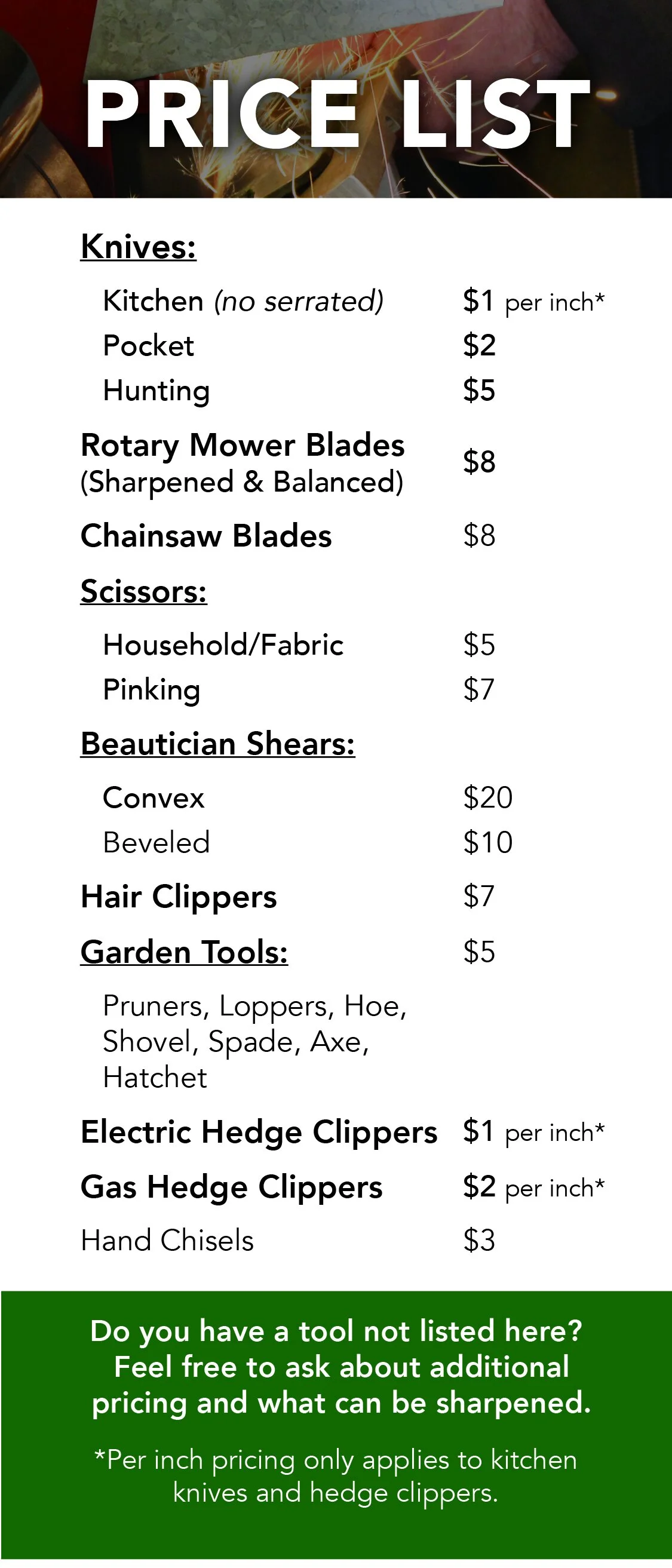 Price List — Rich's Sharpening Service