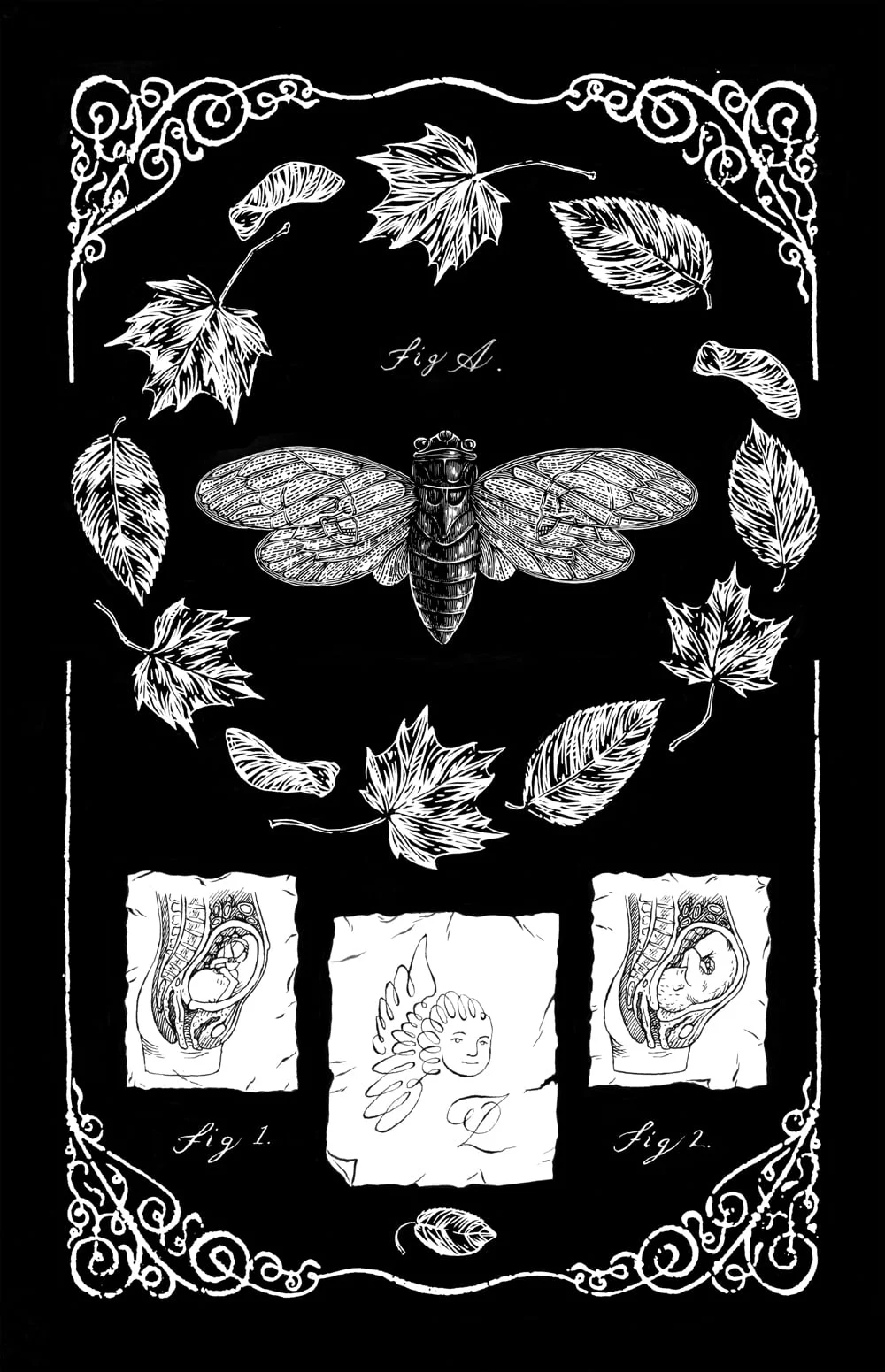 Origin of the Agathodemons . 1 page. 1994. Pen and ink, Scratch board. Published in The Book of Twilight , by Mark Ricketts. Published by Caliber Press.