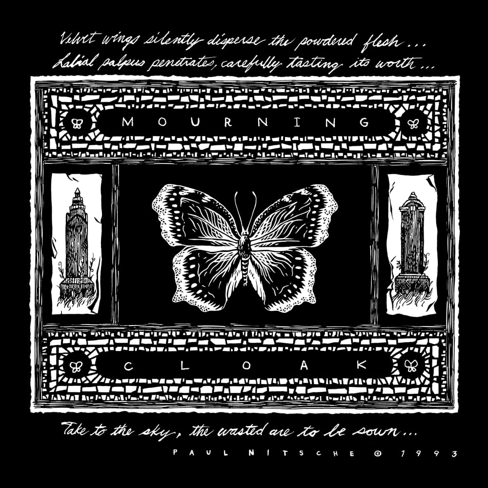   Mourning Cloak . 1 page. 1993. Pen and ink, Scratchboard. Published in Dazzling Killmen's  Medicine Me . Published by Skin Graft Records. 