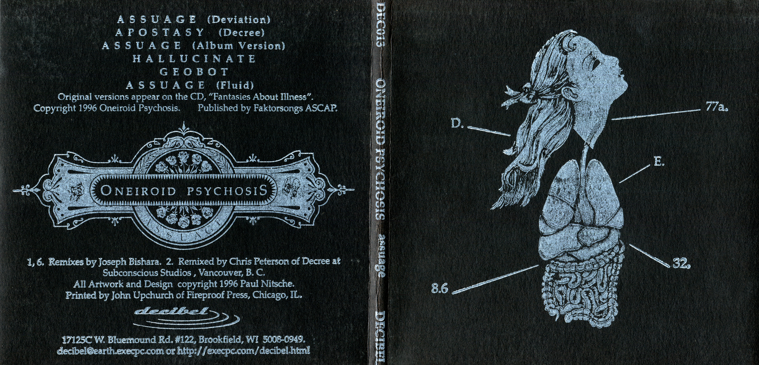   Oneiroid Psychosis,  Assuage.  Front and back covers.  1996. Pen and ink, Scratch board. Letterpress printed. Released by Decibel Records. 
