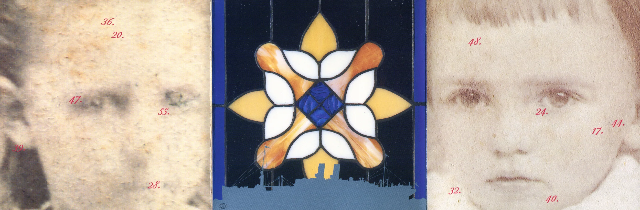 Big'n, Discipline Through Sound . CD booklet, front. 1996. Found photographs, Stained glass, Pen and ink. Released by Gasoline Boost Records.