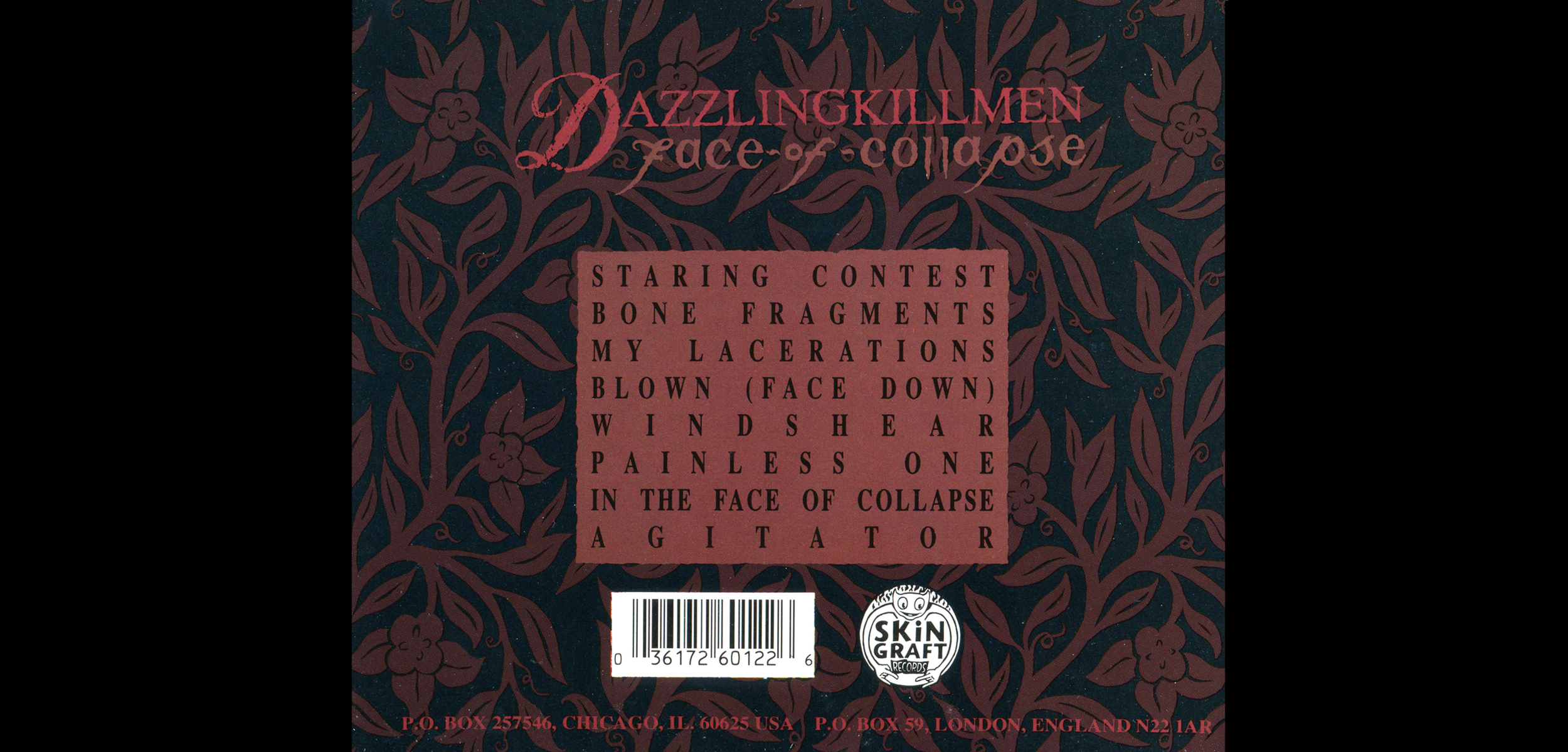   Dazzling Killmen,  Face of Collapse . CD Tray, Back.  1994. Pen and ink. Released by Skin Graft Records. 