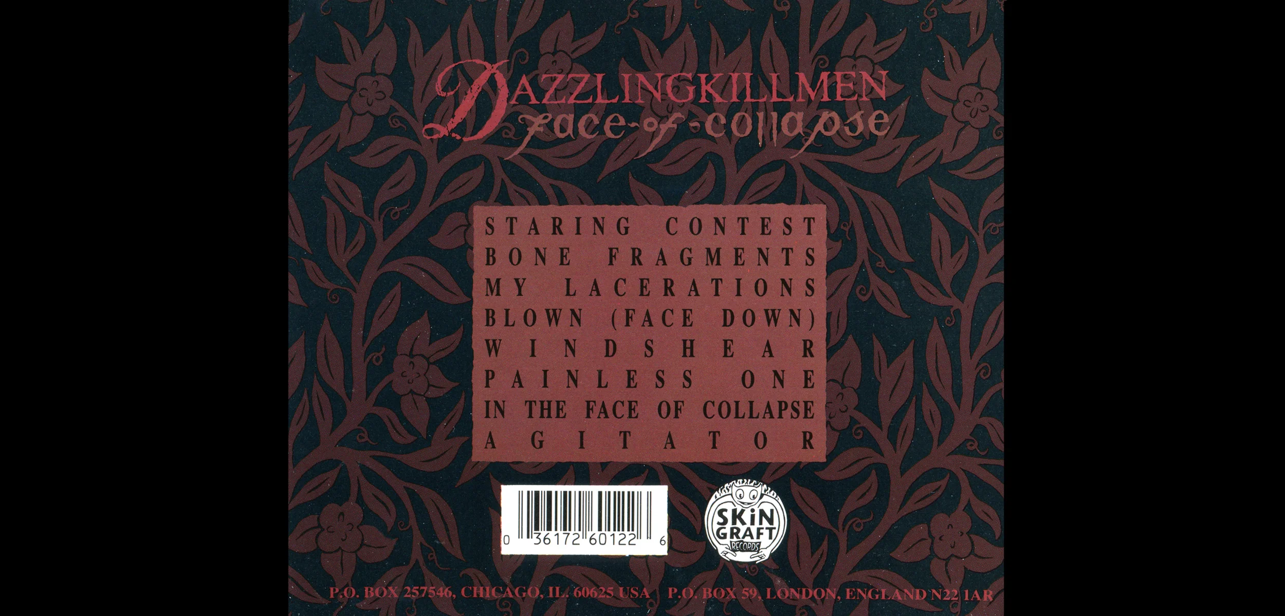 Dazzling Killmen, Face of Collapse . CD Tray, Back. 1994. Pen and ink. Released by Skin Graft Records.