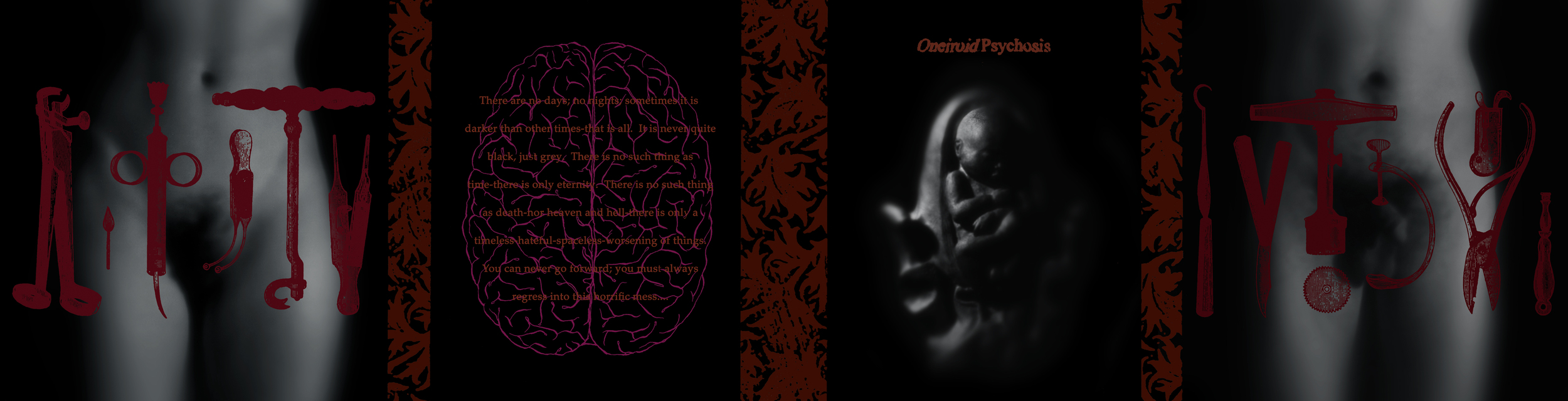   Oneiroid Psychosis,  Stillbirth . Gatefold CD booklet . 1995. Sculpted clay fetus and womb, Photography, Pen and ink,&nbsp;Found medical instrument illustrations. Released by Decibel Records. 