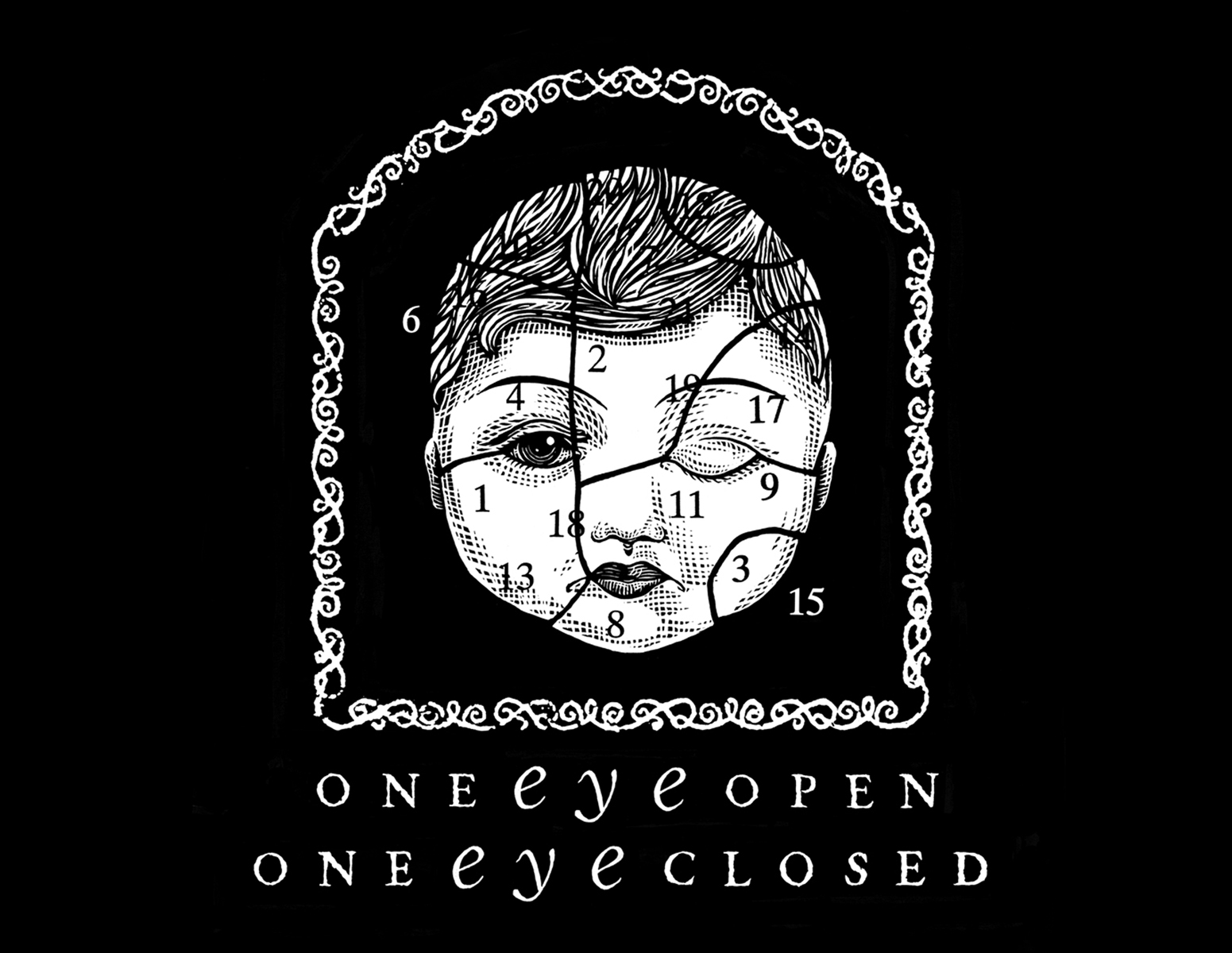   One Eye Open, One Eye Closed. Promotional poster and front of T shirt for alternative comic art show.  1994. Pen and ink, scratch board. Kalamazoo, MI. 