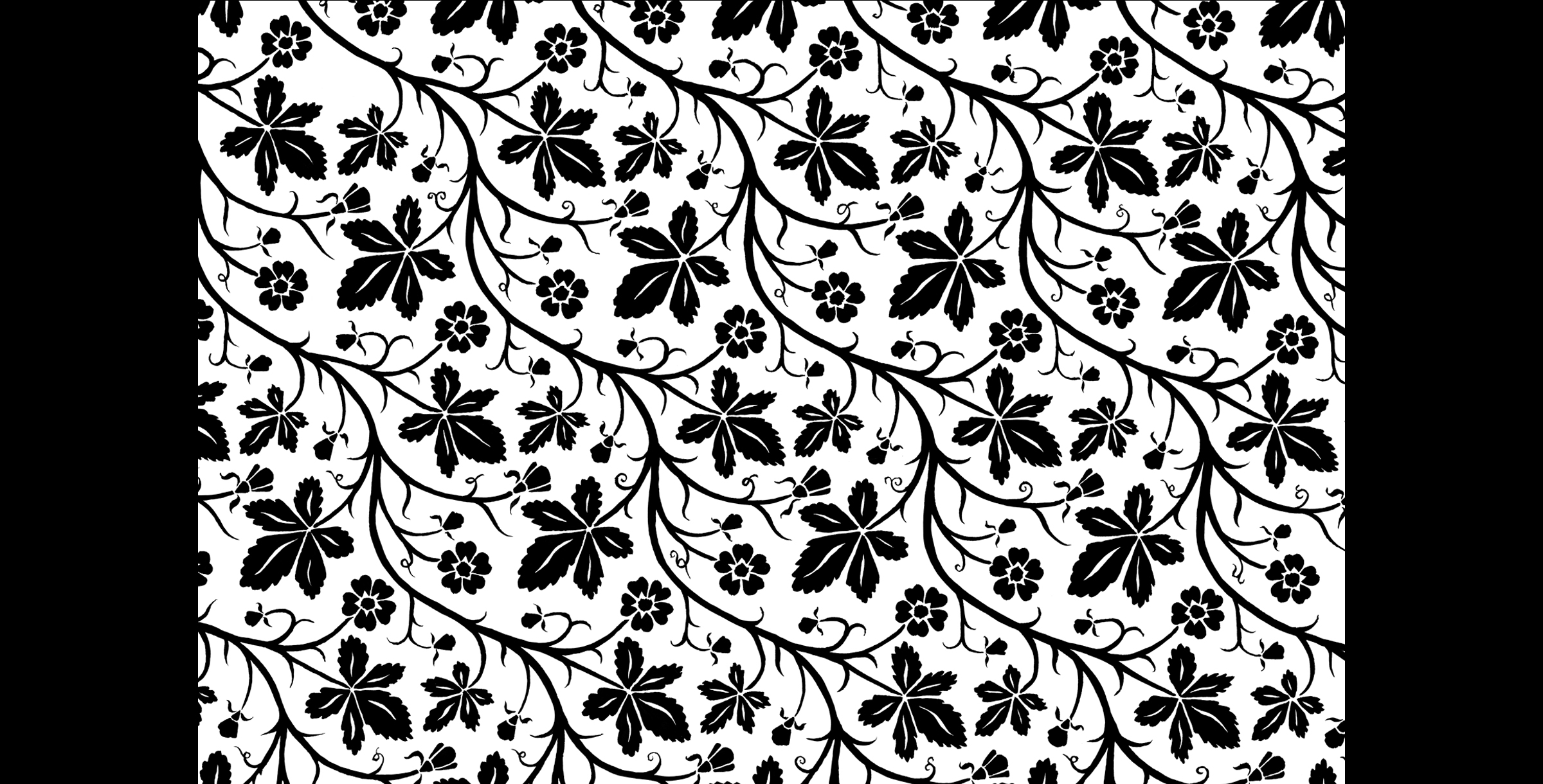   Leaf and Flower Pattern. Original pattern before distressing.  1994. Pen and ink. Produced for Mudlark Papers, Chicago, IL. 