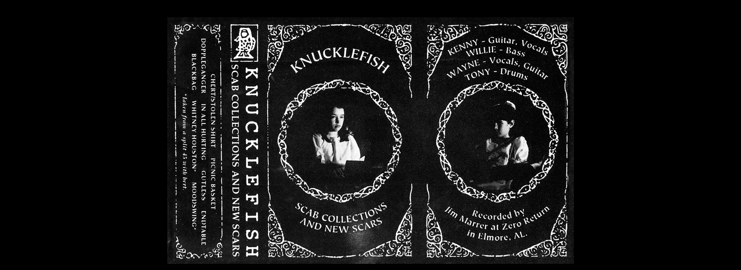   Knucklefish,  Scab Collections and New Scars .   CS insert, front.  1994. Pen and ink, Photography. Released by Knucklefish. 