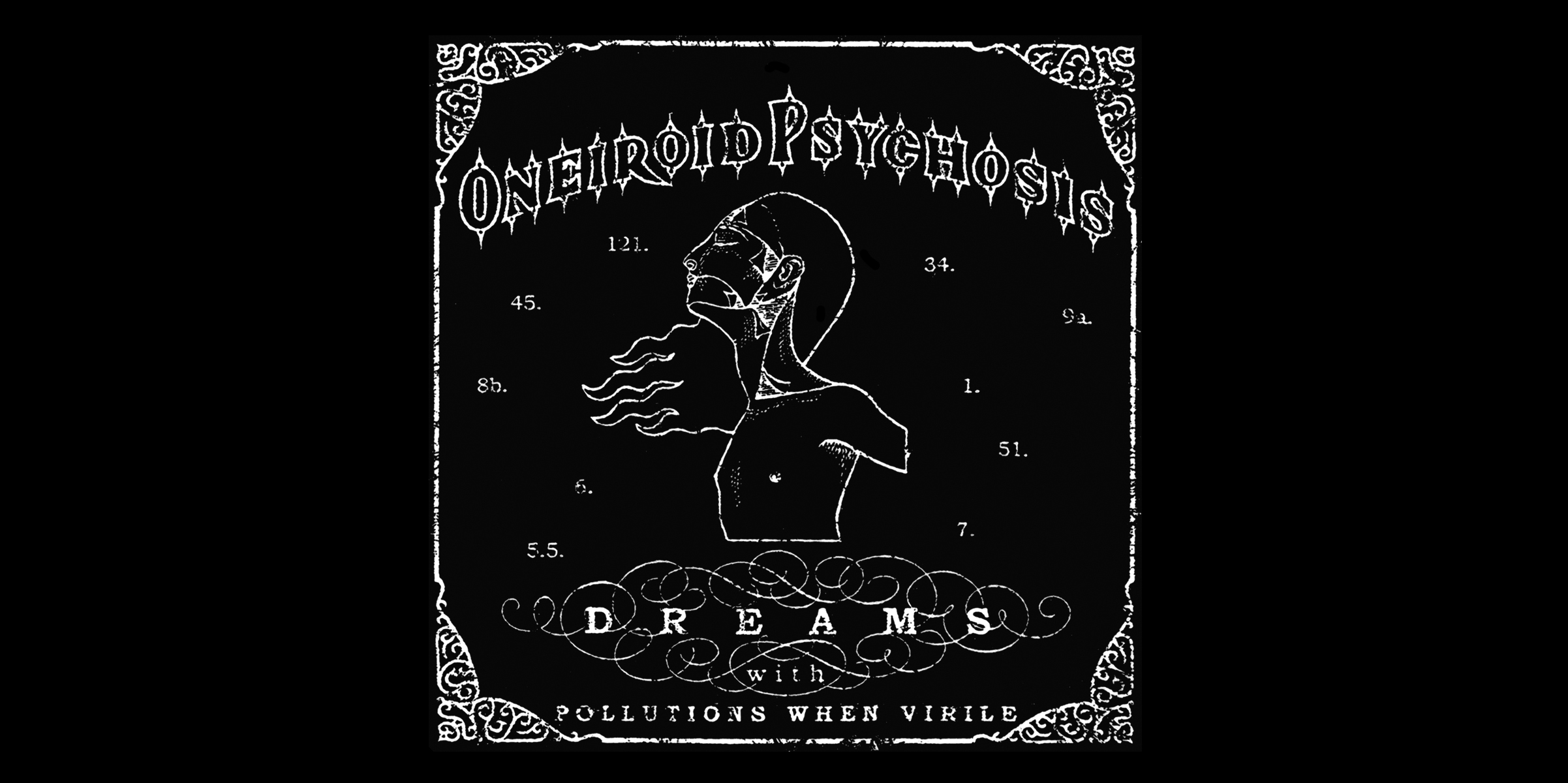   Oneiroid Psychosis,  DREAMS (with pollutions when virile),  booklet cover.  2001. Pen and ink. Printed in silver ink. Released by Cop International. 