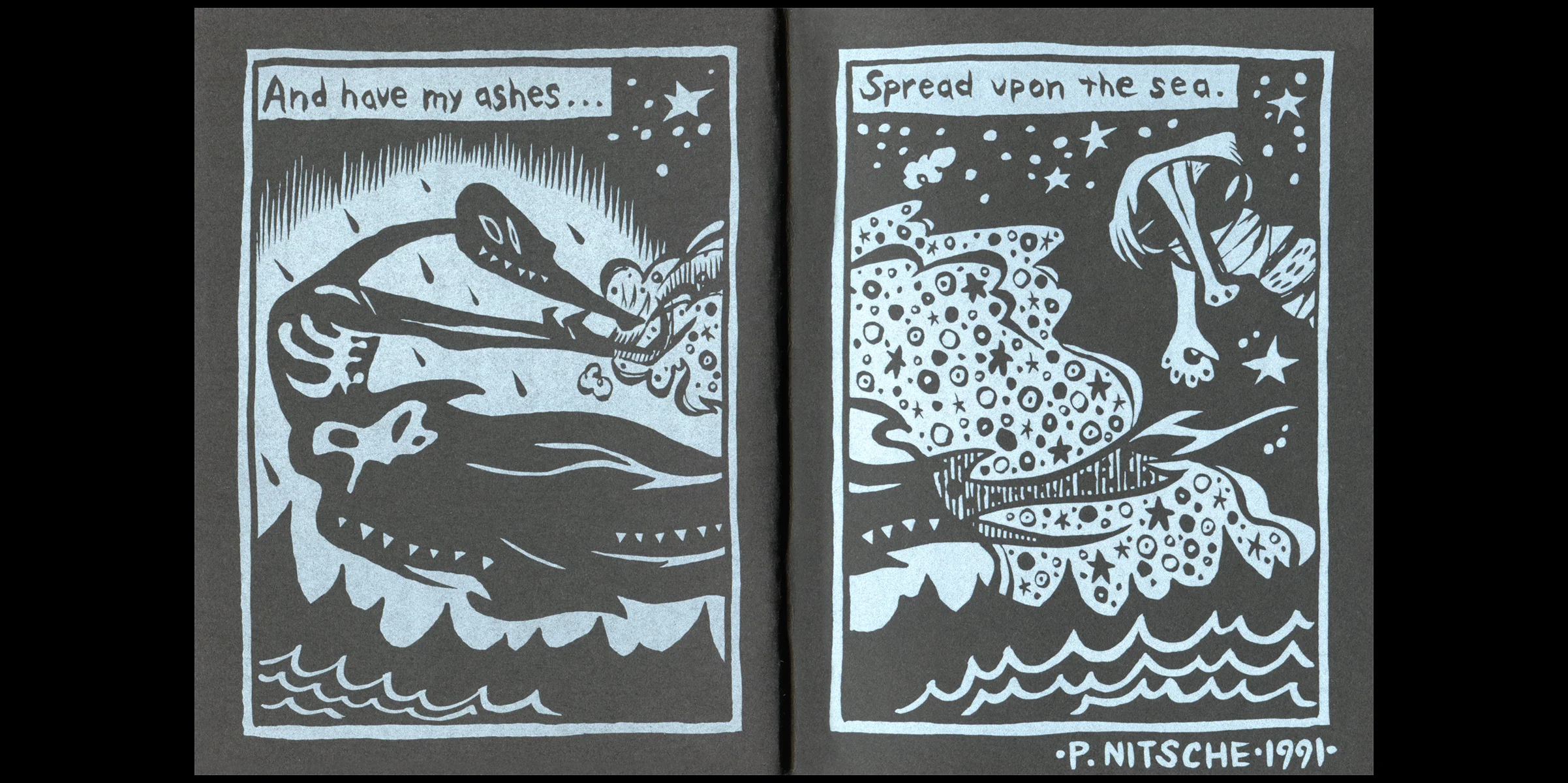 Dirgedenoctic. 1991. Pen and ink. Printed white ink on black paper by Paul Nitsche, Mark Fischer, and Rob Seyers on an offset press at the School of the Art Institute of Chicago.