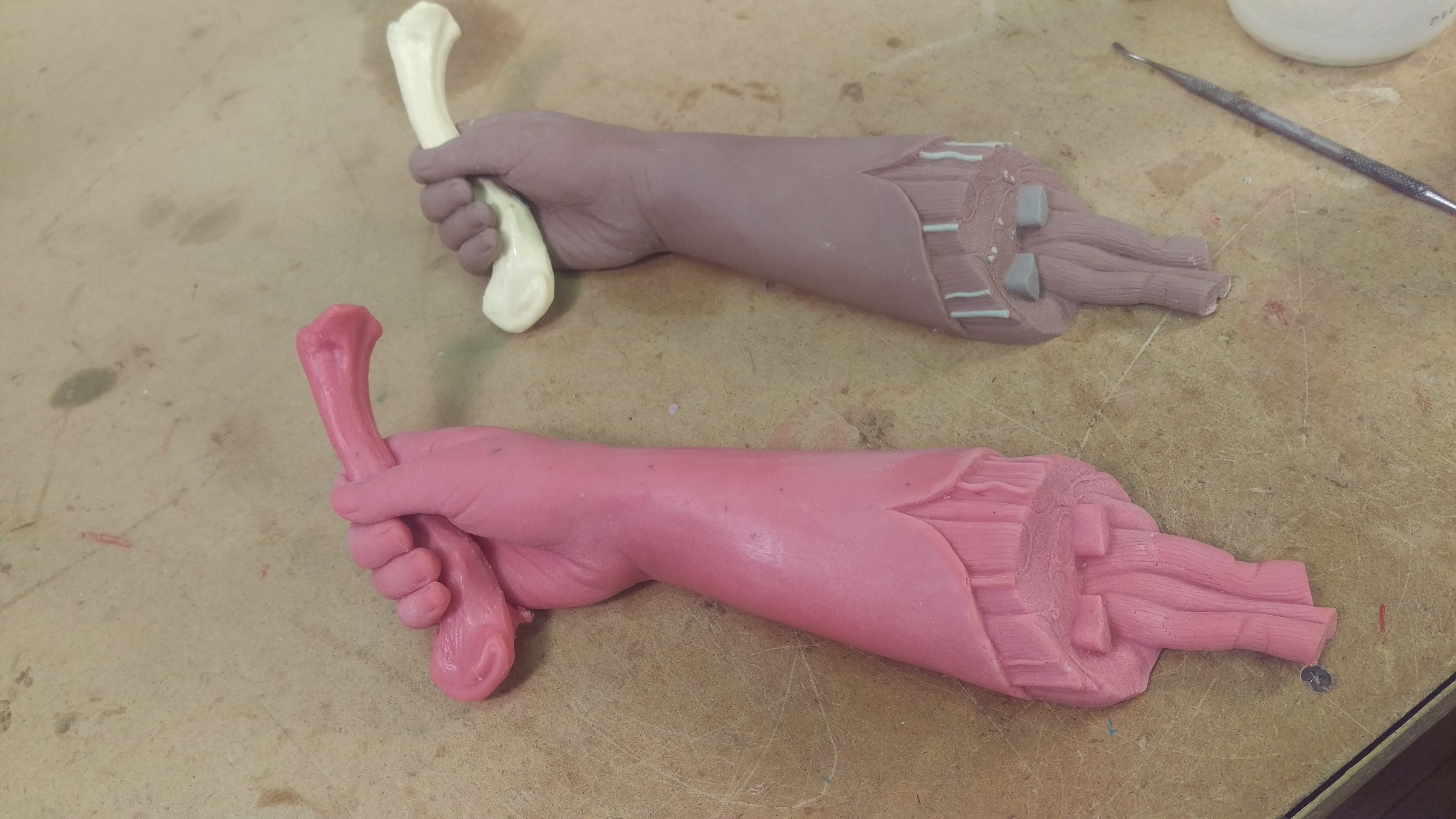  The wax arm next to the original clay sculpt. 