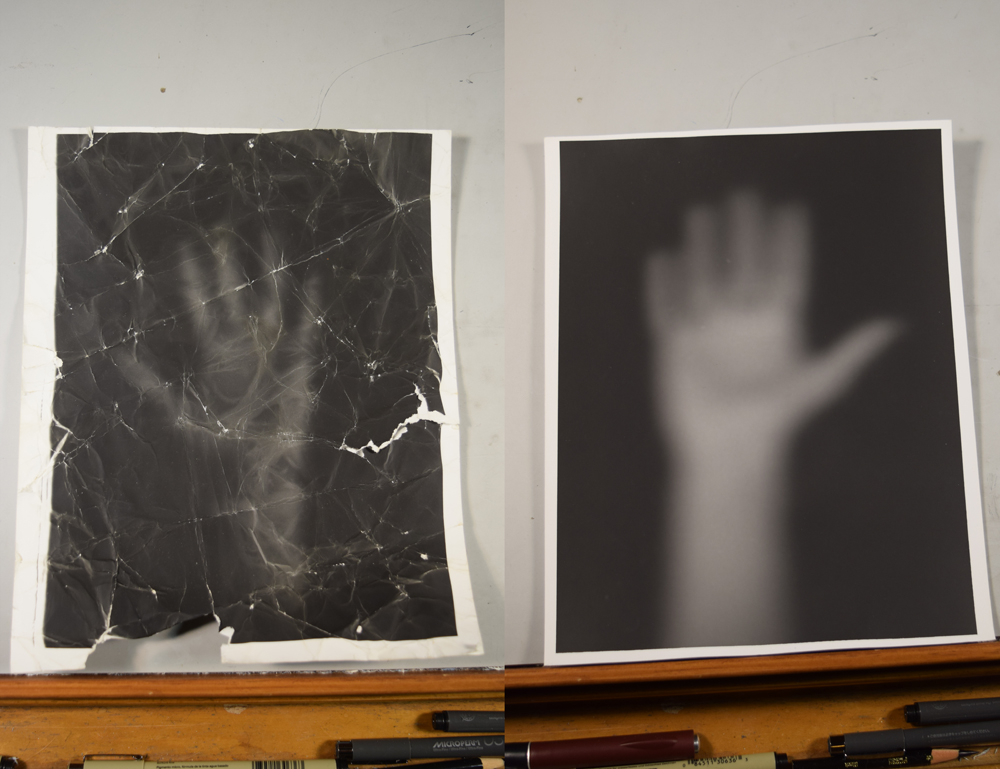  Alternate versions of Anna's hands. The first photo is an experiment with developing a hand on a crumpled piece of photo paper. 