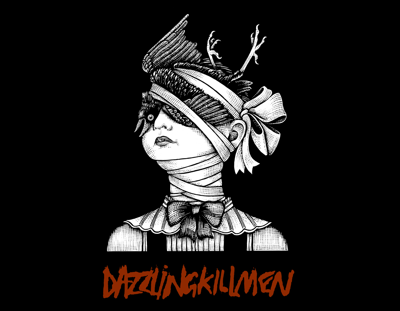   Dazzling Killmen,  Crow Head .  T-Shirt Design .  Drawn 2013, printed 2017. Pen and ink, Scratch board. 
