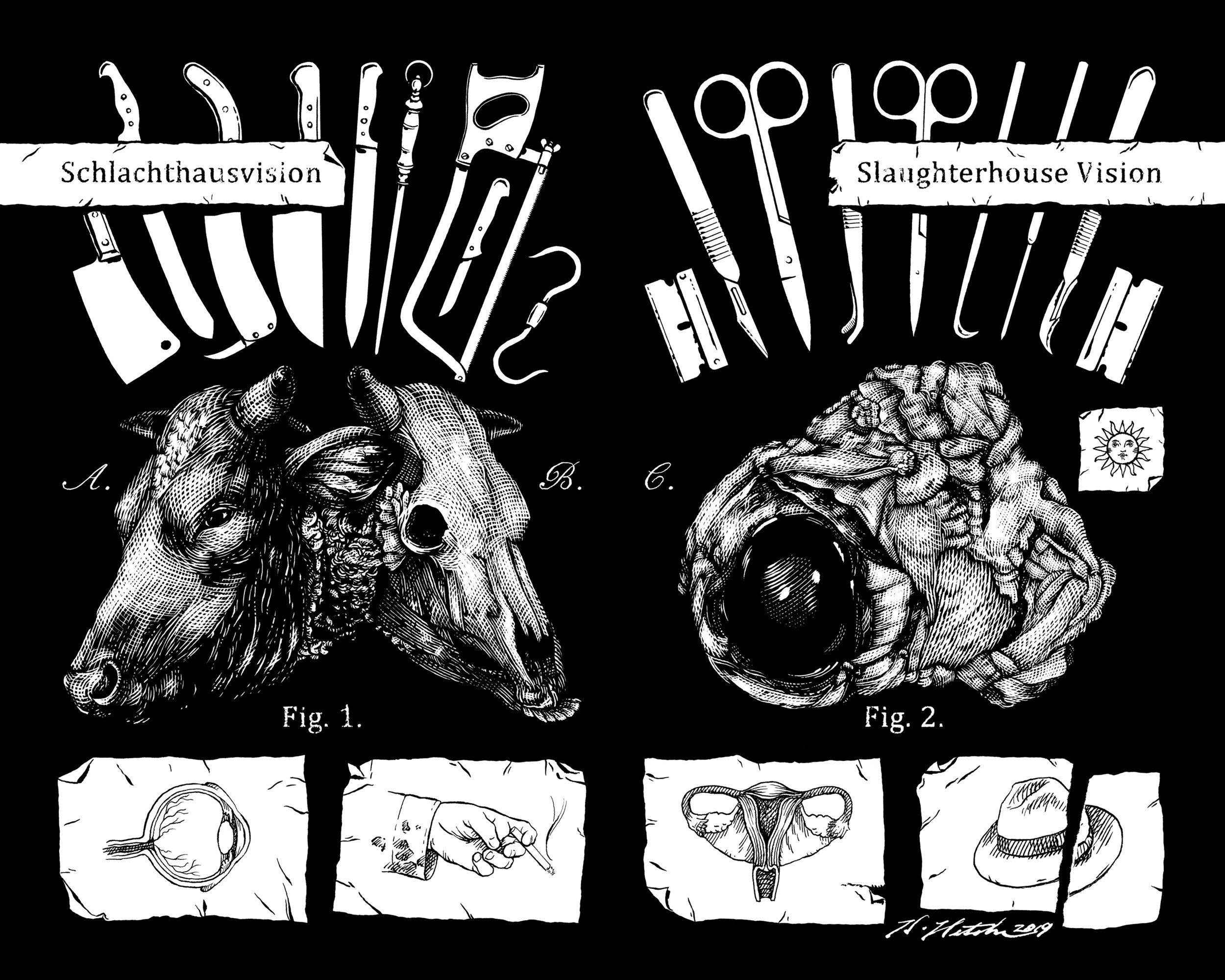   Skryptor ,  Luminous Volumes . 2019. Pen and ink, scratch board. Two page spread for the short story  Slaughterhouse Vision  by Maria Gabriele Baker in the record’s book accompaniment. Published by Aqualamb Records, Skin Graft Records, and Sleeping