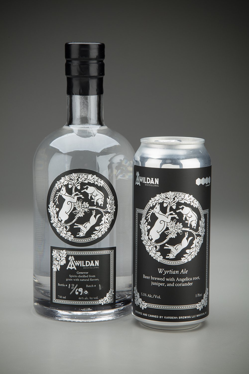   Awildan Distilling , Sun Prairie, WI. Label illustration and logo. Label design by Aislinn Bartholomay. Genever/Wyrtian Ale, Spiced Rum/Awildan Juleol releases. 