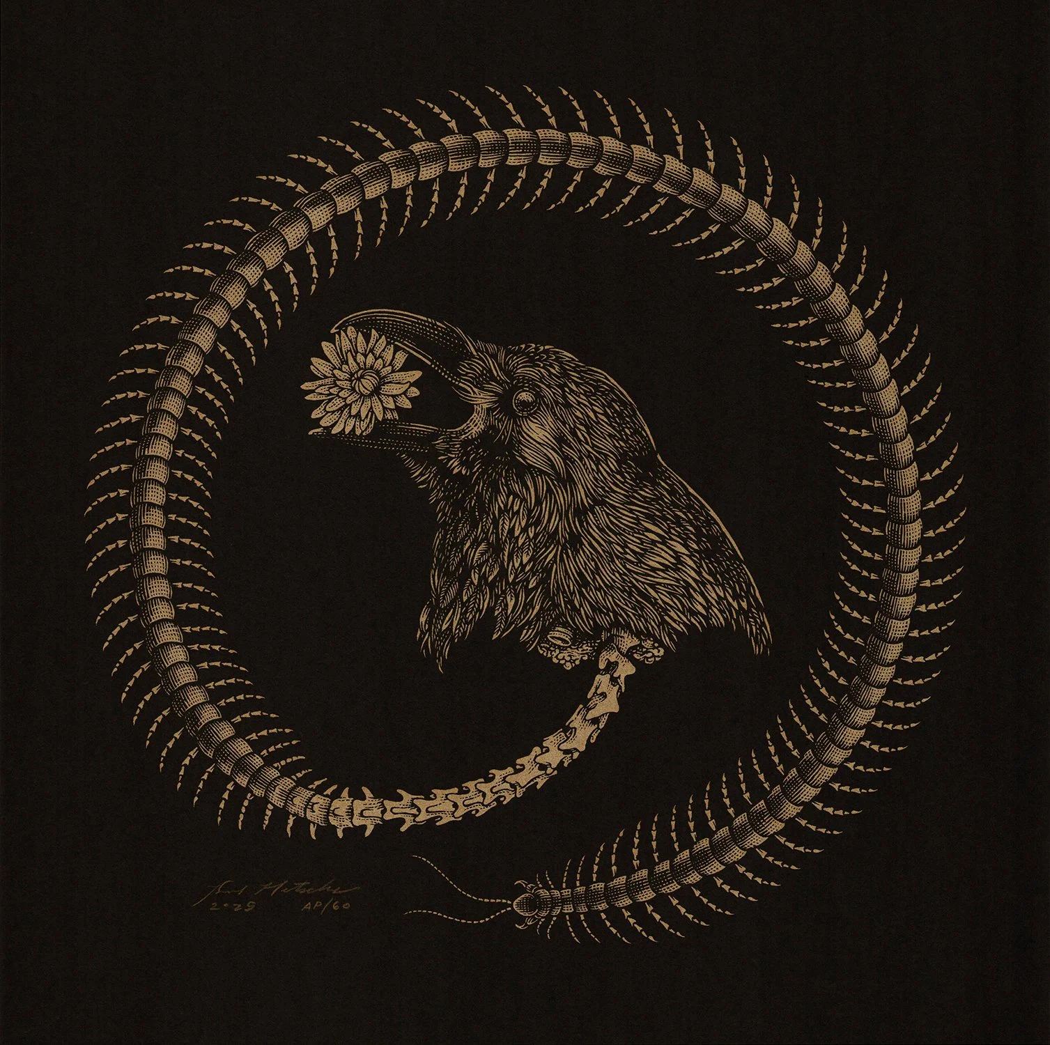 TOTEM. Edition of 60. 2025. 12”x12”. Silkscreen, copper ink on black French paper cover stock. Printed by Triple Stamp Press for Persistent Vision Records. Figure Nine... , Edition of 16. 2001-2002. 11” x 14”. Lithography on grey rag paper.