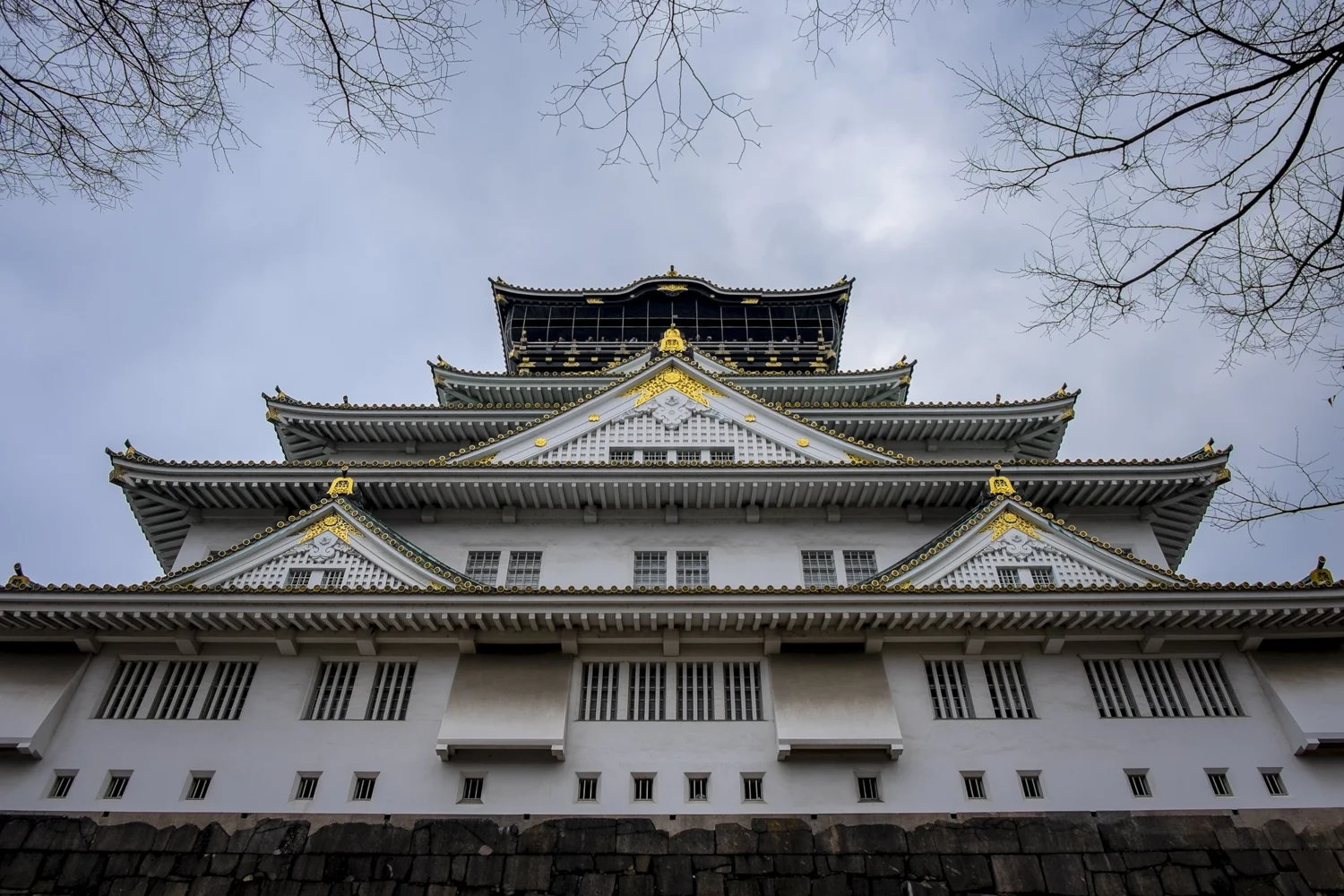 Looking up at Osaka Castle.