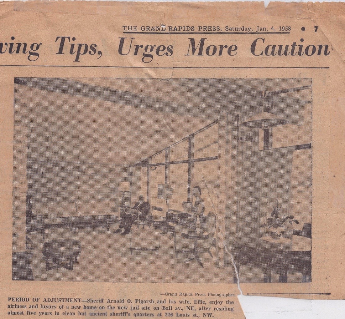 The stylish modern living room in the Sheriff's House. Grand Rapids Press, January 4, 1958.