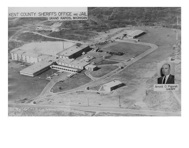 Aerial view of the jail with the Sheriff's house in the foreground. Photograph courtesy of the Kent County Sheriff's Office.
