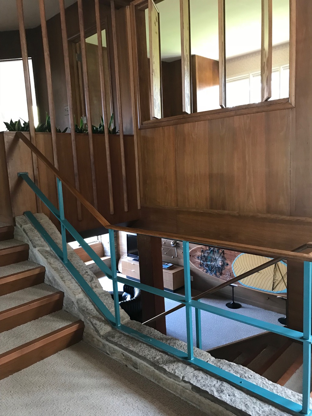 STAIRWAY WITH ORIGINAL TURQUOISE METAL RAILING