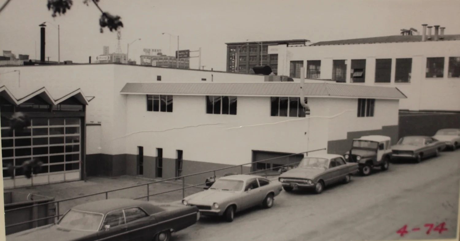 1974 photo of the Ronda Tire Building showing the connected warehouse building. Photo Courtesy of City Archives.