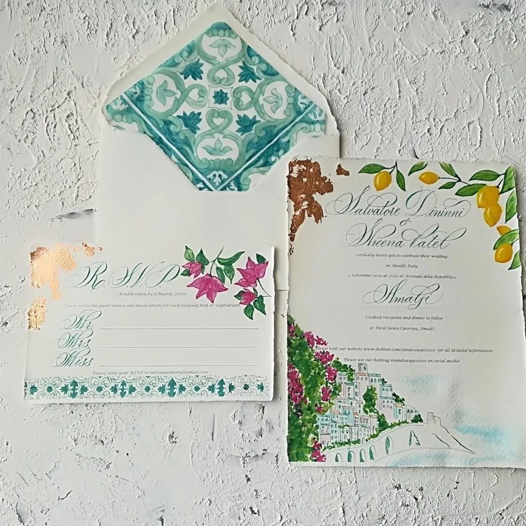 Can you plan an Amalfi wedding without hand painted stationery boasting bougainvillea, lemons, and ceramic tiles? We don't even want to know. #inspiration