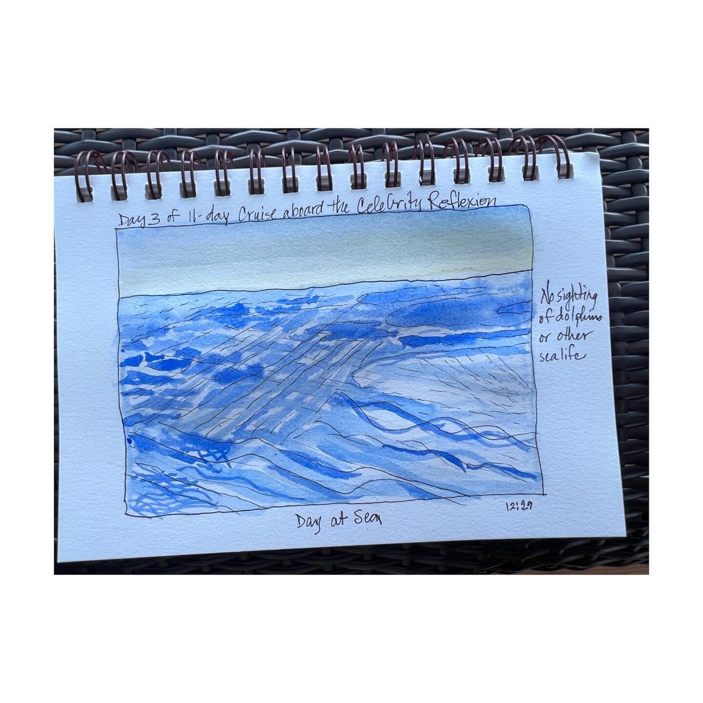 Day at Sea, 3.5x5&rdquo;, watercolor on paper. We&rsquo;re at sea today, sailing from Sicily last night to Santorini, Greece tomorrow. The blue of the ocean is hard to capture. I believe the deep blue is Prussian but there is also cerulean in the hig