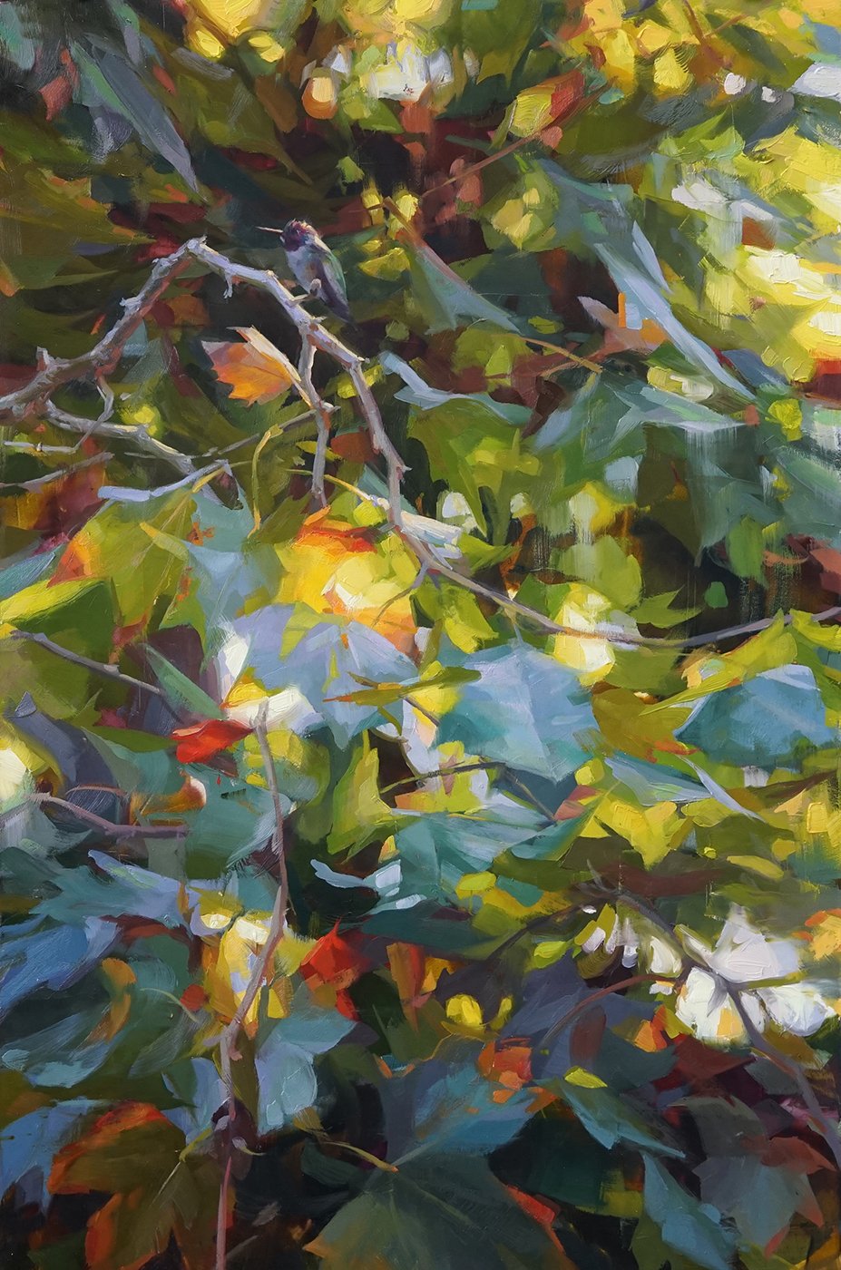 Anna’s Hummingbird . Oil on panel. 18 × 12 inches. 2020. Private Collection.