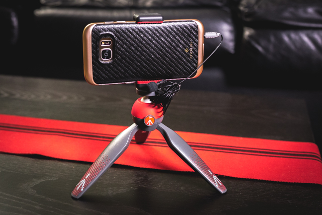 Vlogging Rig. Samsung Galaxy Edge 7 on Manfrotto PIXI mini tripod w/ connected Rode Smart Lav+ Mic.