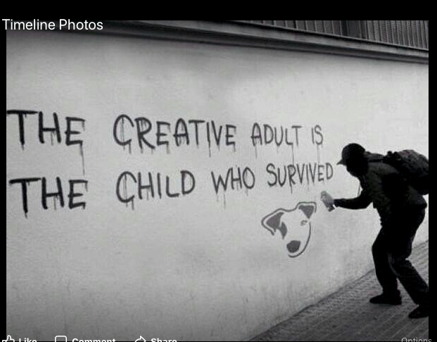 "The creative adult is the child who survived." The little figure is a dog's face, probably "Spot" from the children's reader.