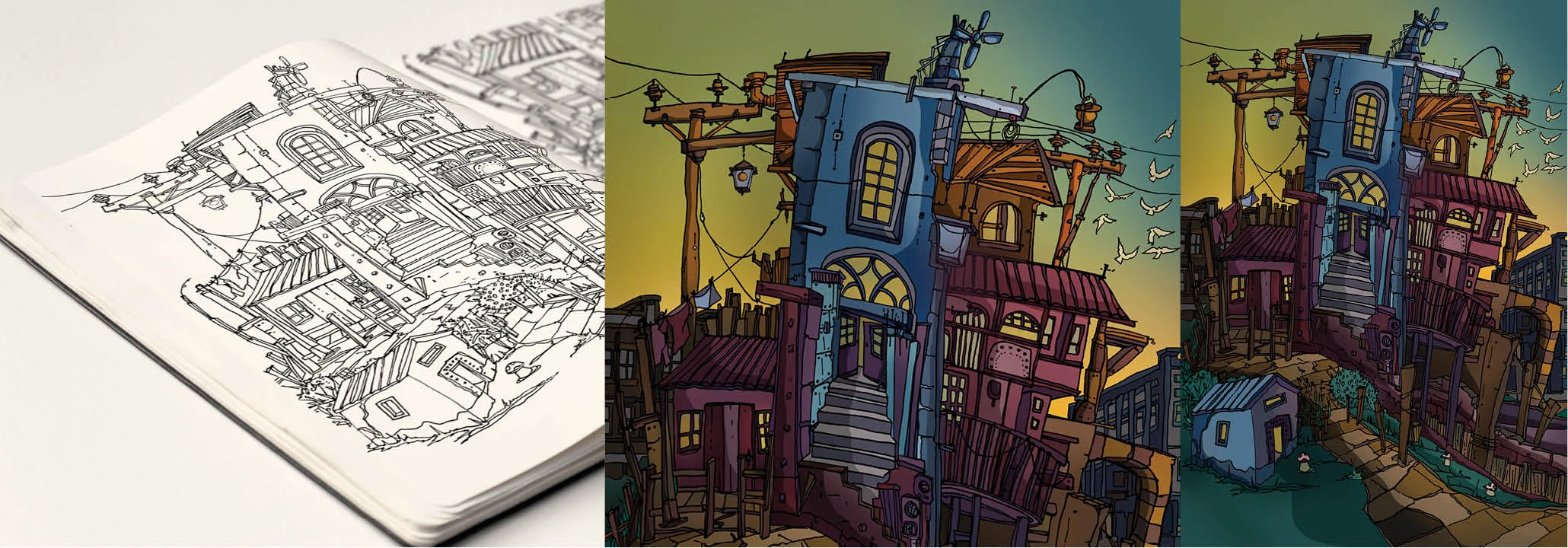 The crooked house - sketch book drawing plus extracts from image