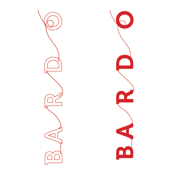 Two vertical text designs of the word 'BARDO' with a curly line connecting the letters, one in black outline and the other in solid red, on a white background.