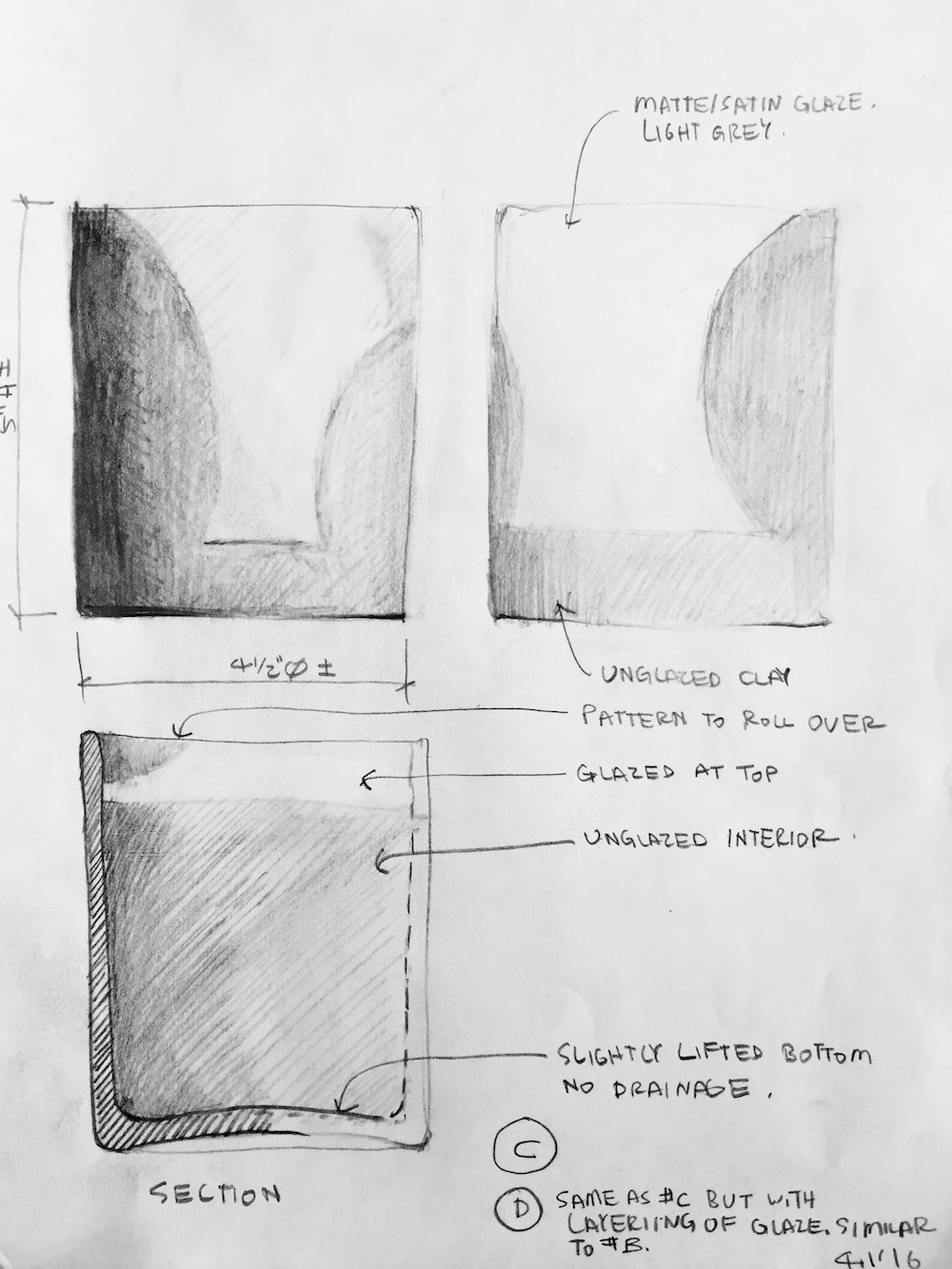  Schematic sketches showing the initial finish and size ideas in addition to form study models were made prior to prototype production.&nbsp; 