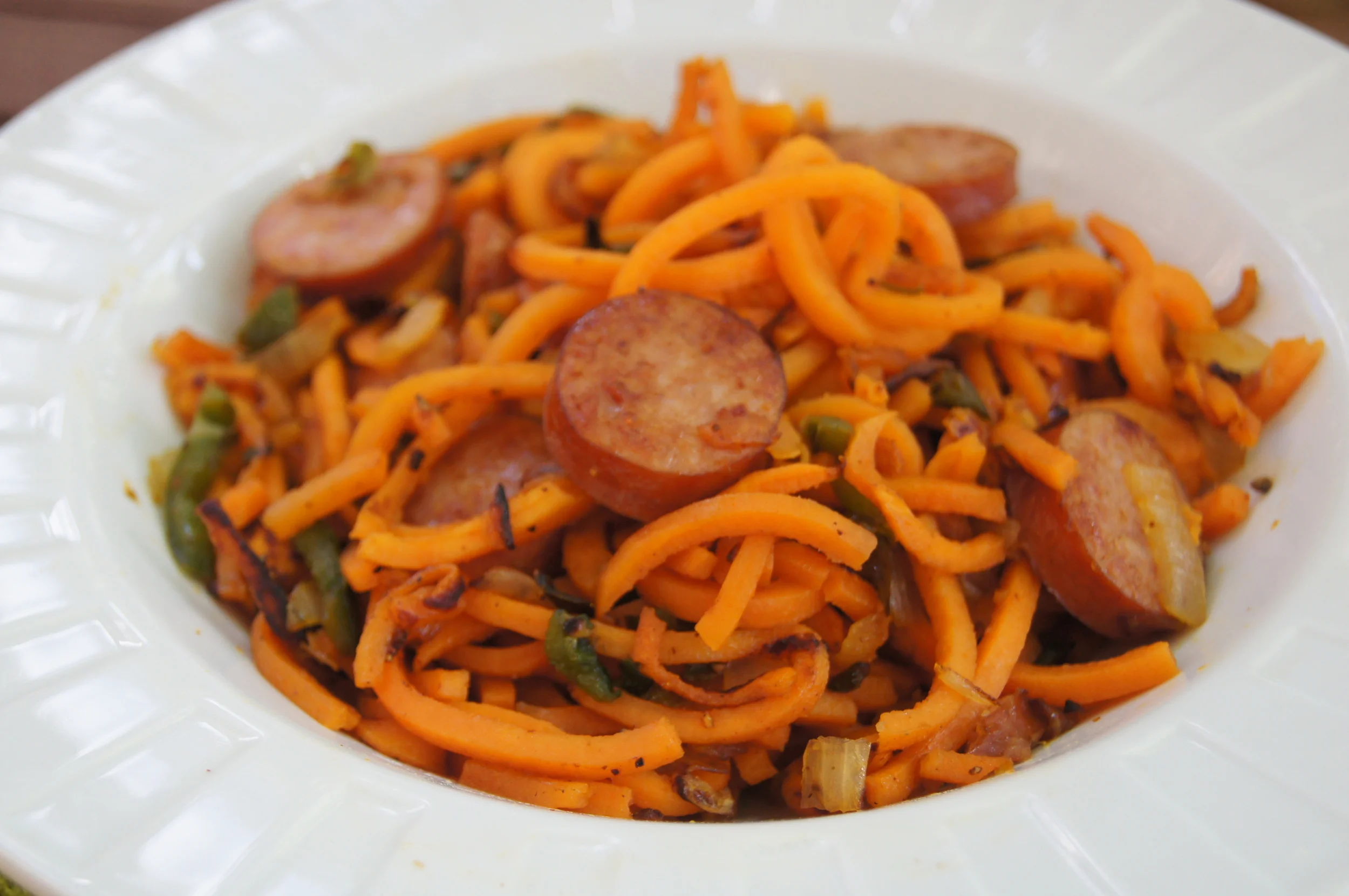Smoked Pork Sausage, Sweet Potato and Pepper Skillet
