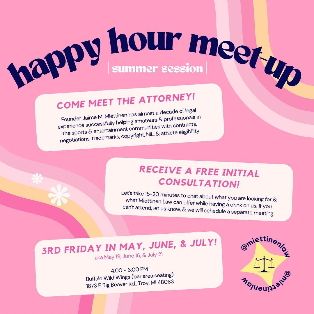 🔔Summer session is IN!🔔

Miettinen Law&rsquo;s Happy Hour Meet-Up is traveling to Troy for the summer! Jaime will be available to offer free legal consultations to new clients in-person. Message us if you&rsquo;d like to attend or if you need to sc